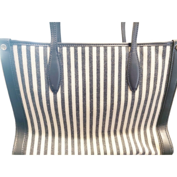 Kate Spade Market Stripe Navy Blue/ Beige Canvas Shoulder Tote Handbag Purse - Picture 3 of 9